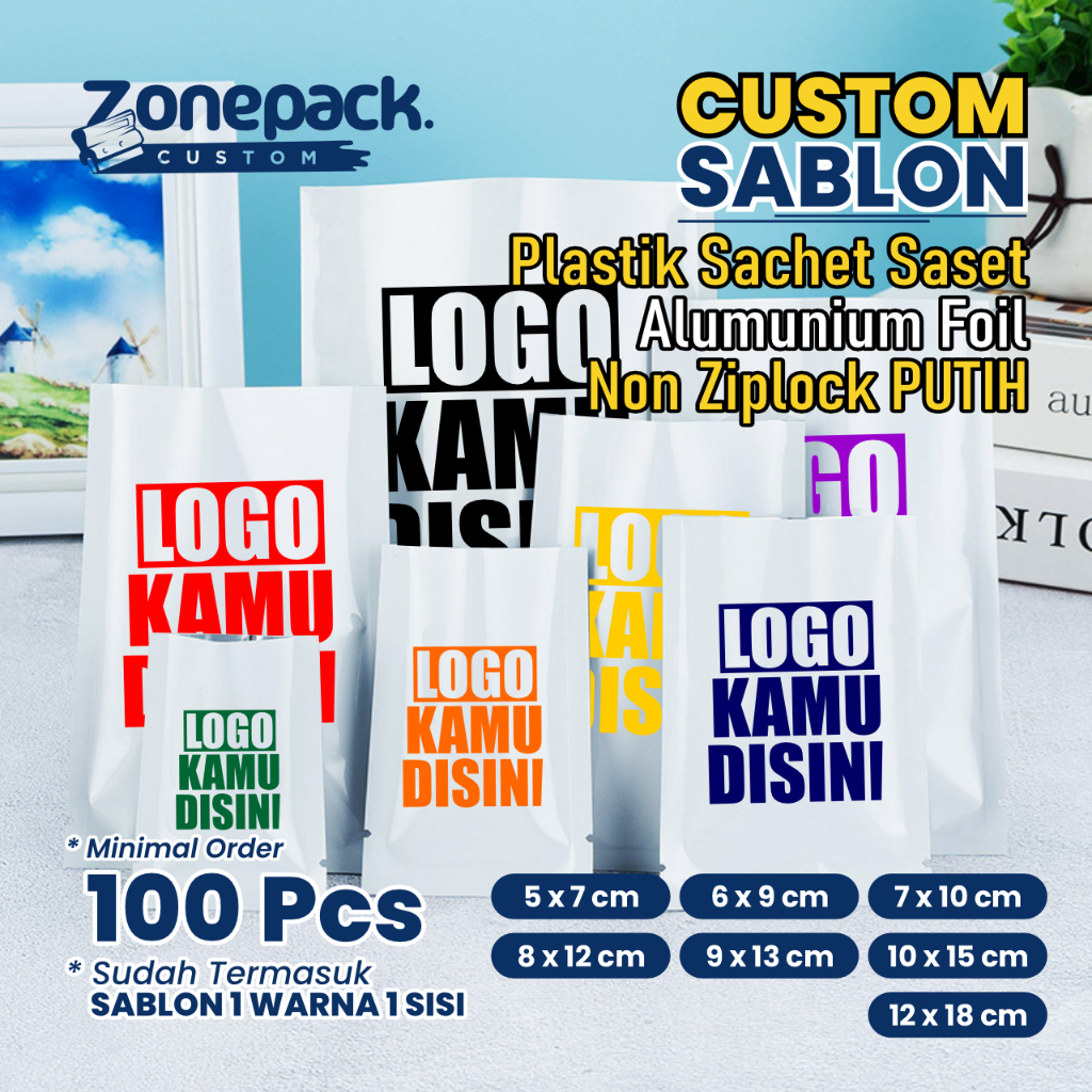 Sablon Plastik Sachet Saset Alumunium Foil Non Ziplock Warna Putih | Kemasan Sambal Bubuk Kopi Snack