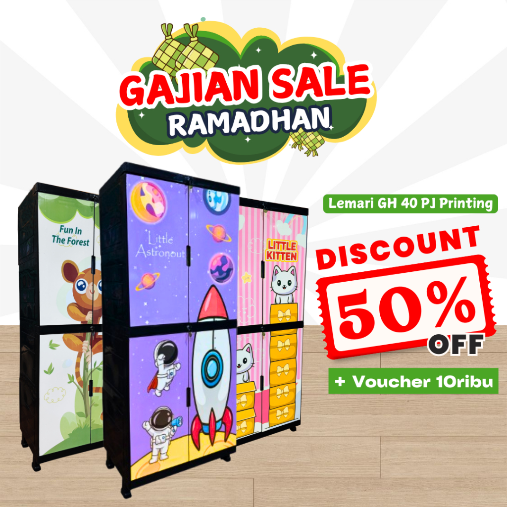 Furniplas - WAPOLIN Lemari Baju Pakaian Anak Plastik Susun Printing Gambar Astronot Luar Angkasa Uku