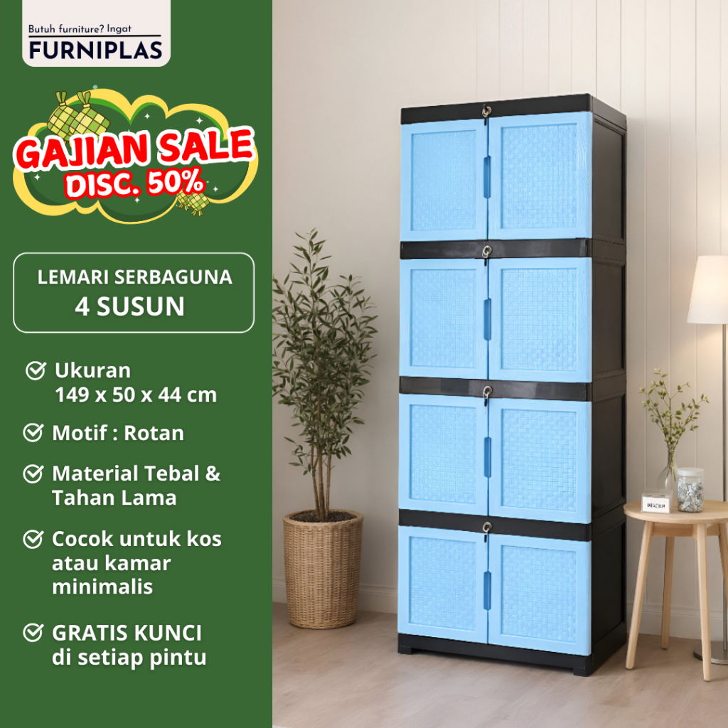 Furniplas WAPOLIN Lemari Plastik  Pakaian Susun 4 Motif Rotan Premium Plastic Warna Cream Ukuran 44 