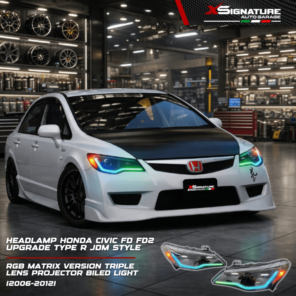 HEADLAMP HONDA CIVIC FD FD2 (2006-2012) UPGRADE TYPE R JDM STYLE RGB MATRIX VERSION TRIPLE LENS PROJ