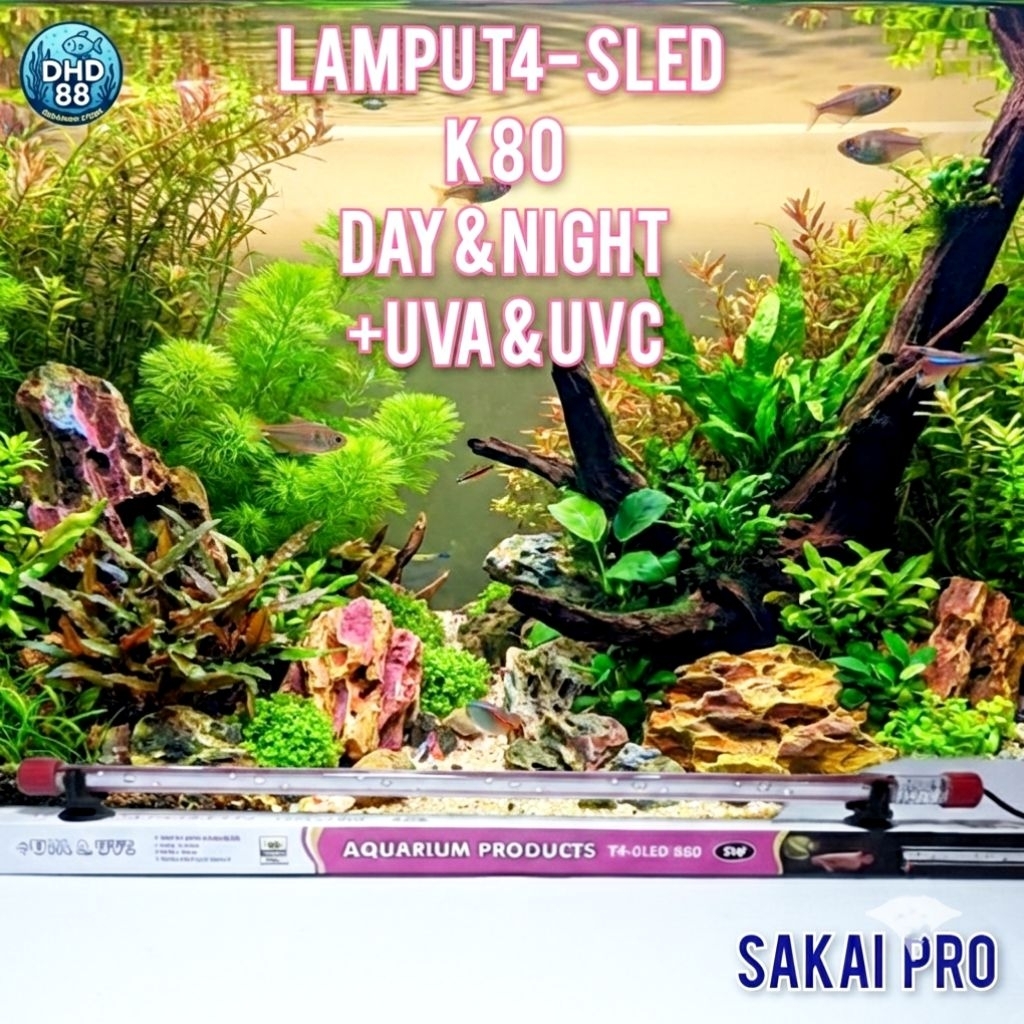 Sakai Pro Lampu Celup Aquarium T4-K80 Day&Night 10 Watt dengan UVA & UVC 3 Mode Pencahayaan Siang Ma