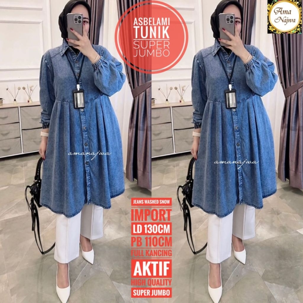 ASBELAMI TUNIK JEANS SUPER JUMBO LD 130 ATASAN JEANS WANITA JUMBO BAJU WANITA OVERSIZE