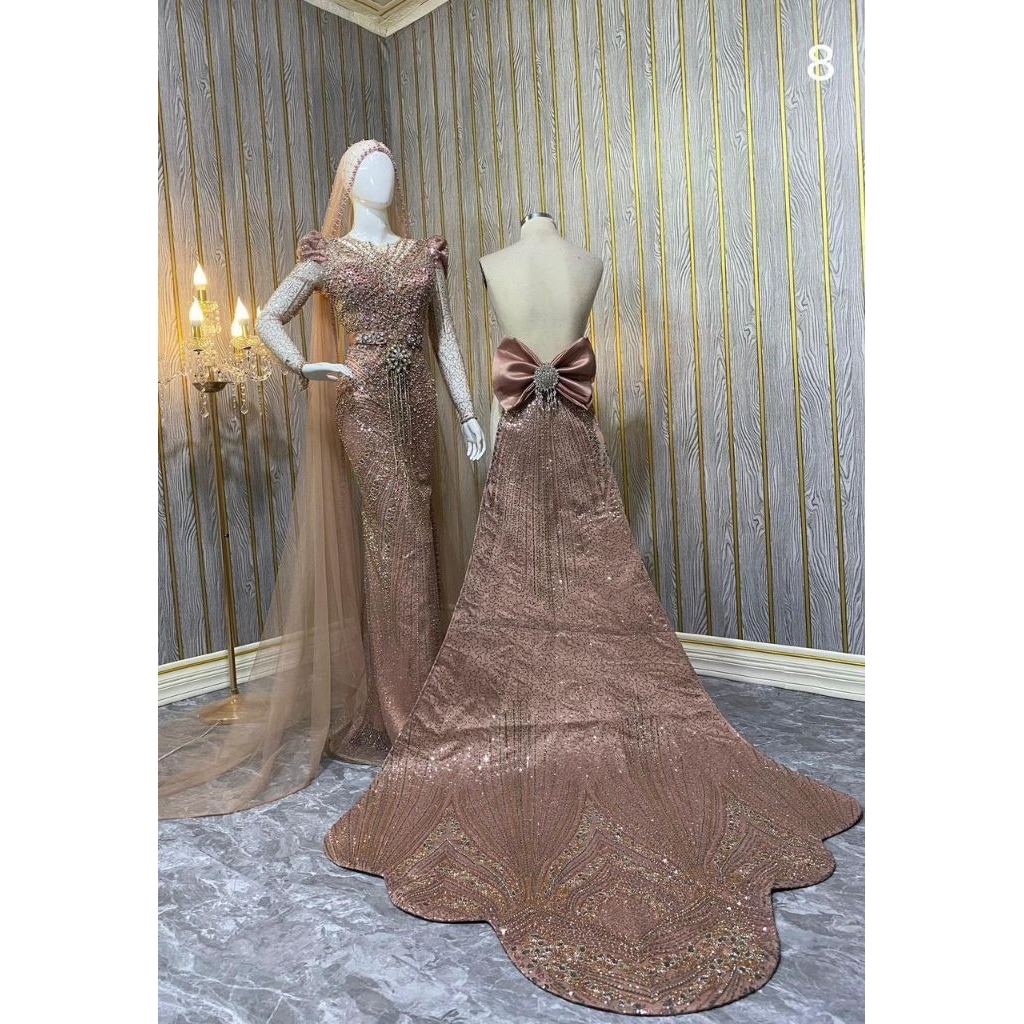 Gaun pengantin rose gold luxury mewah-gaun pengantin murah-gaun pengantin premium