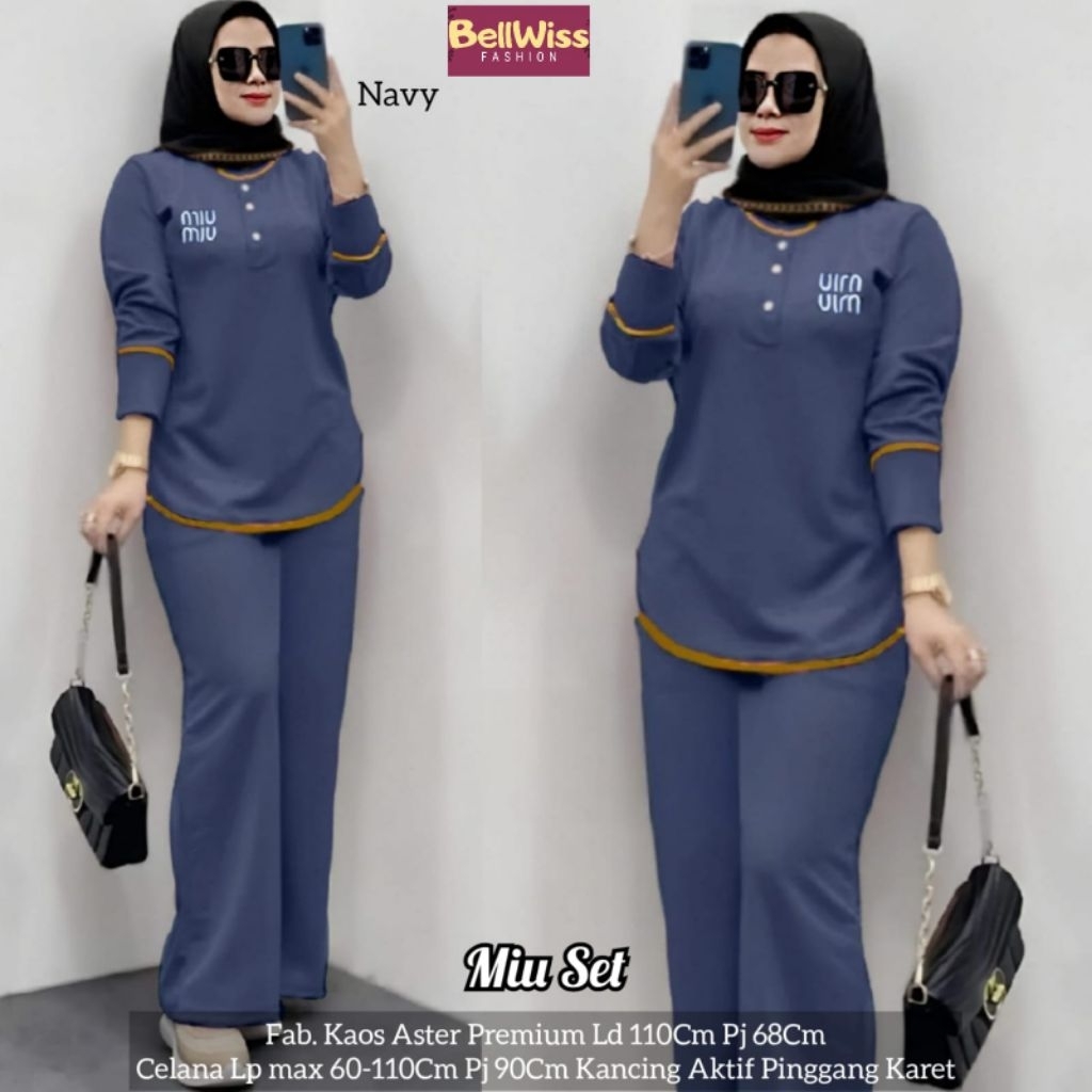 Bellwiss -Miu Setelan Celana Wanita Kaos Aster Premium • Kancing Aktif