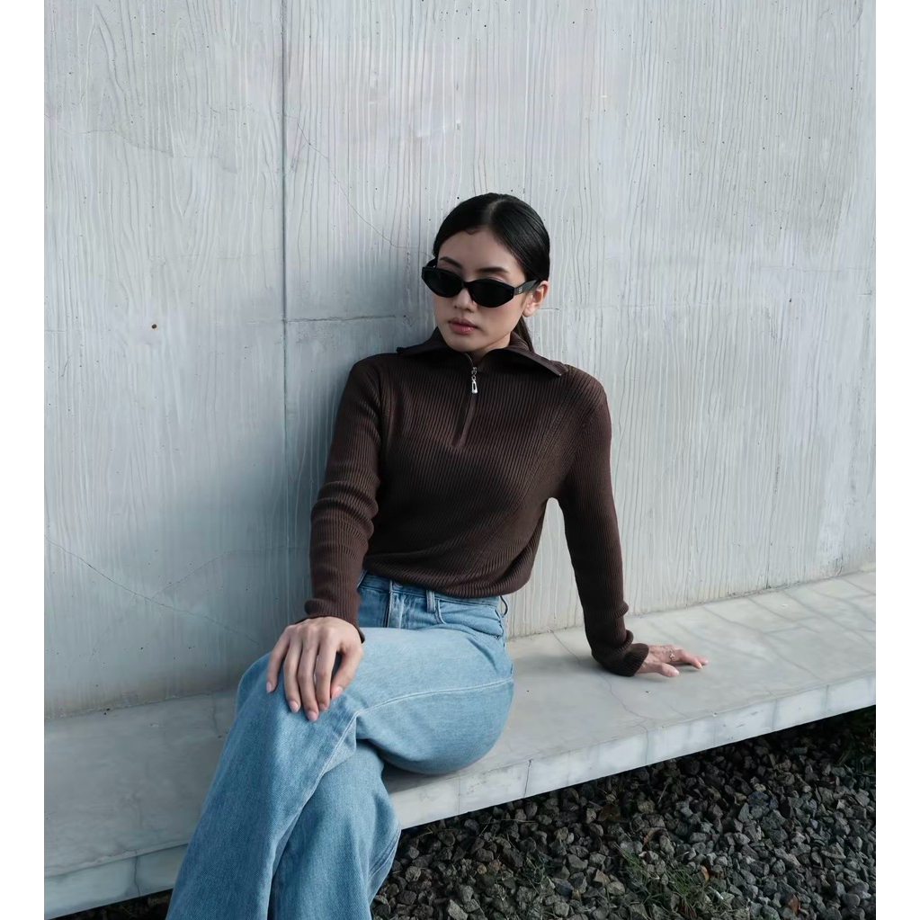 SERILOKA | Nara Top Knit | Long Sleeve Zipper Top | atasan wanita | half-zip ribbed knit top