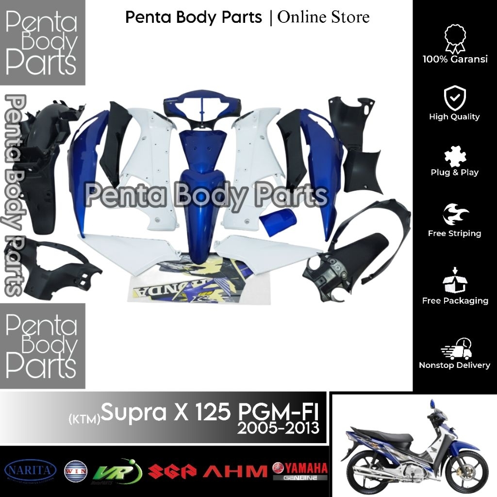 Full Set Cover Body Supra X 125 PGM-FI (KTM) Biru Putih Hitam - Ful Set Bodi Supra X 125 Lama Old Ta