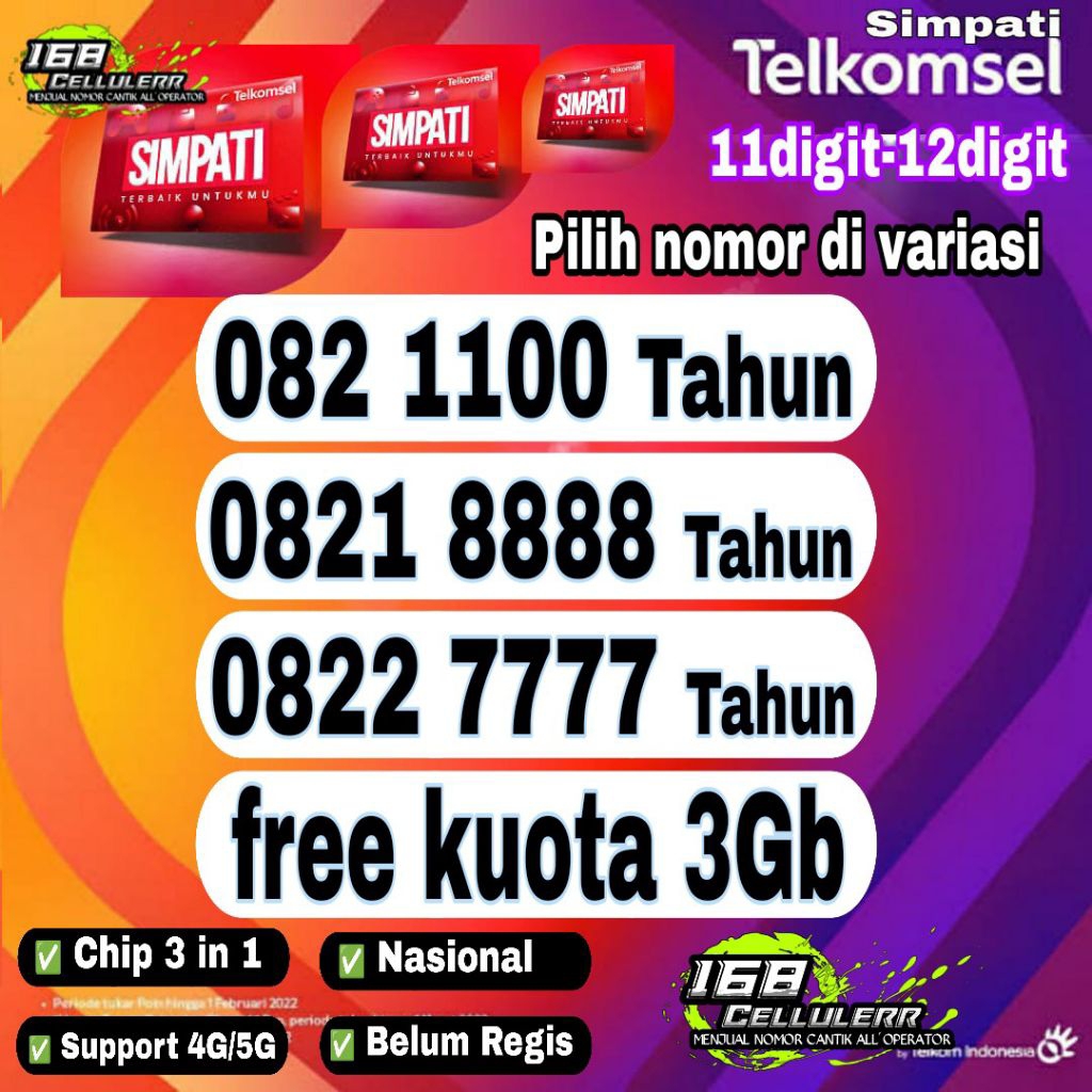 nomor cantik seri tahun 11 digit 12 digit Telkomsel simpati support 5G 8888