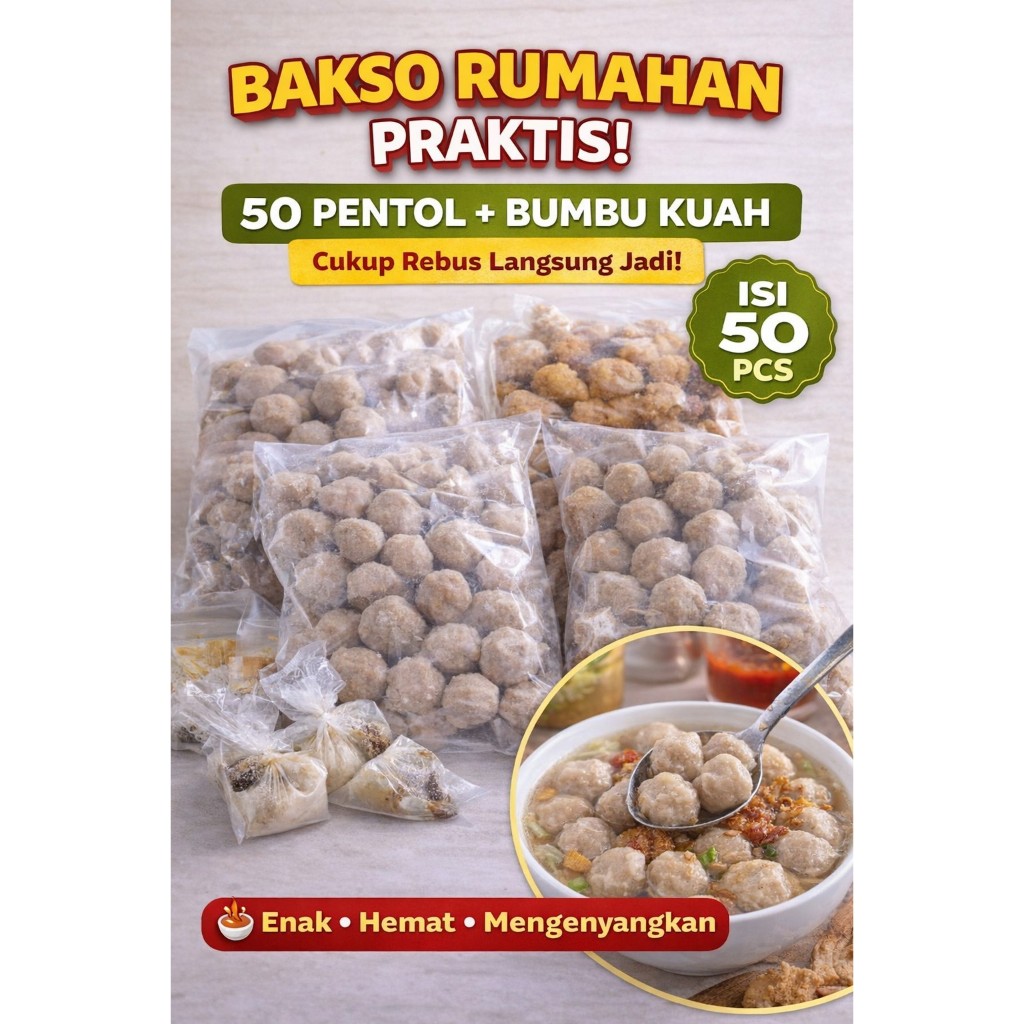 Pentol Bakso Frozen 50 pcs + Bumbu Kuah Bakso | Kenyal Gurih | Siap Rebus | Bakso Rumahan Enak & Mur