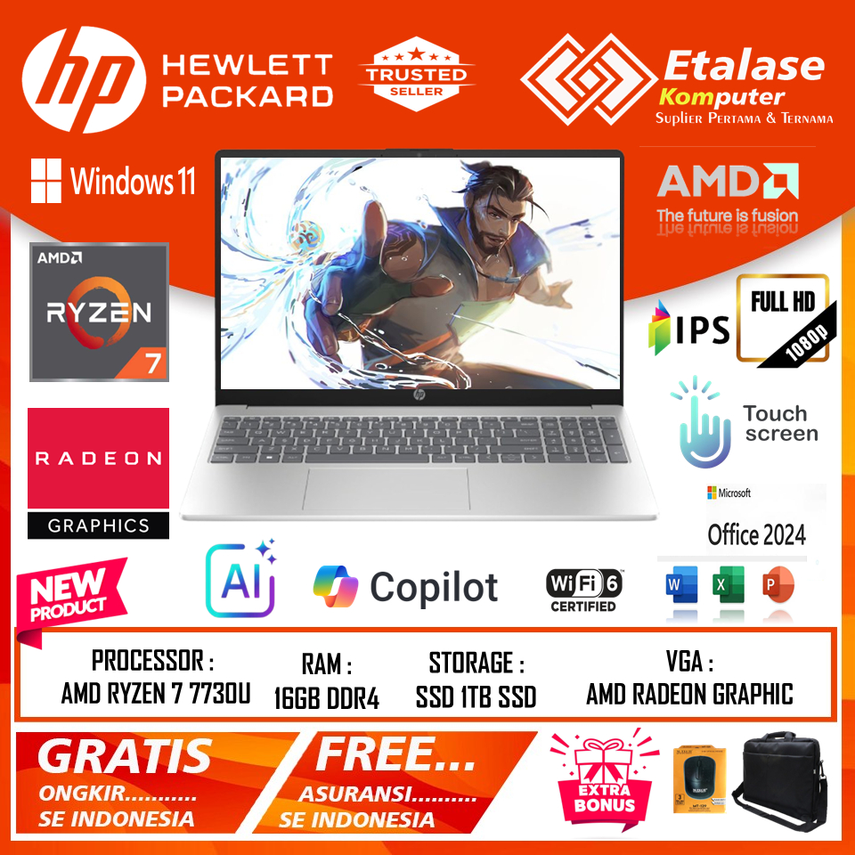 PROMO Laptop Hp 15 AMD RYZEN 7 7730U RAM 16GB SSD 1TB Windows 11 Touchsreen BARU