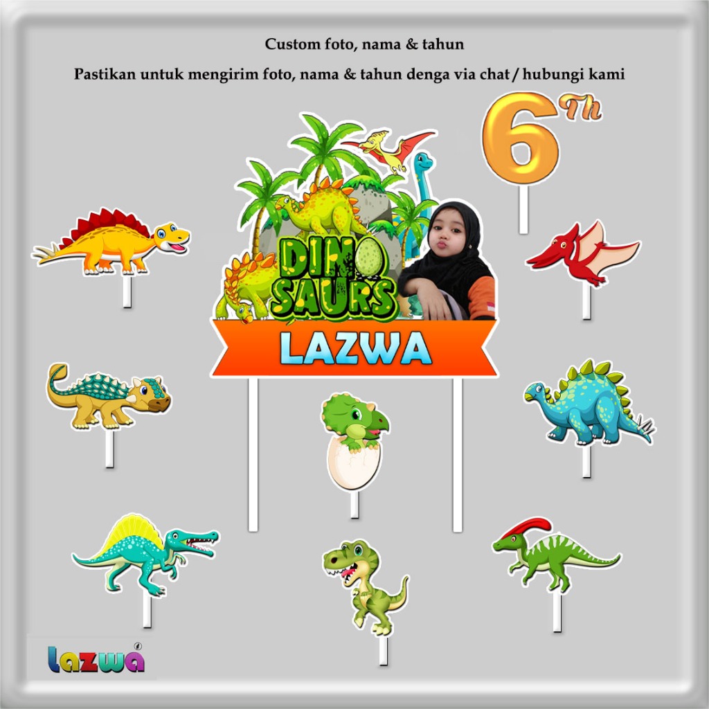 Topper cake custom foto nama & tahun karakter dinosaurus hiasan kue & buket