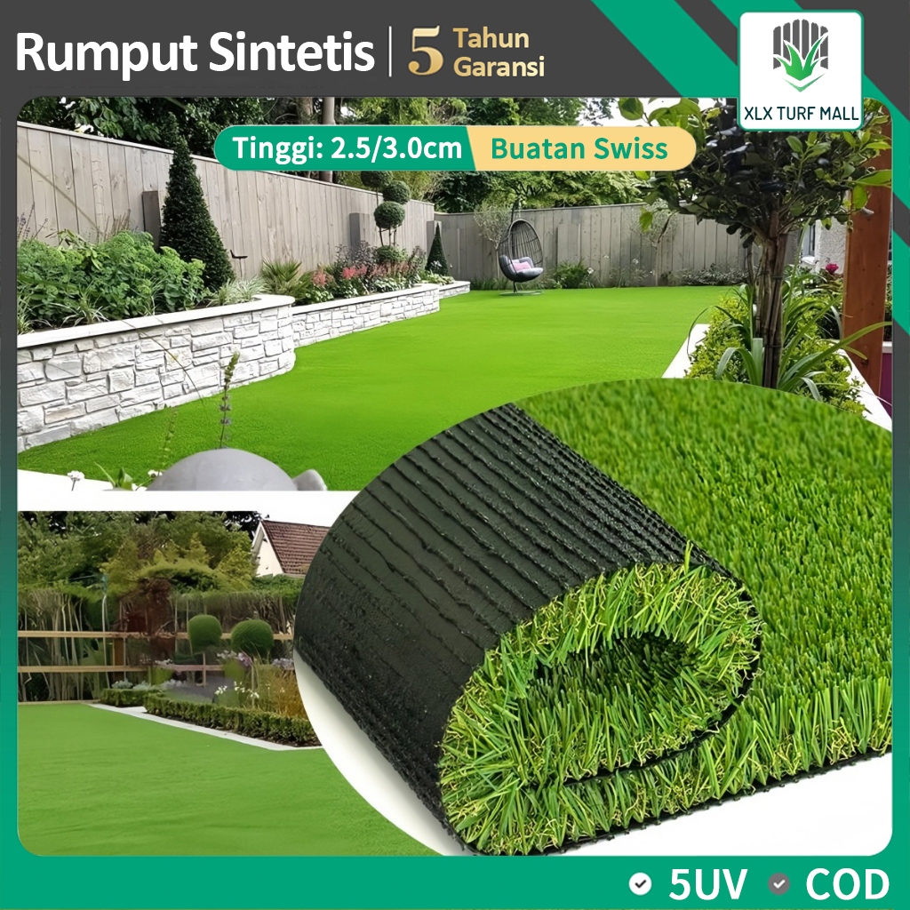 Rumput Sintetis 1m x 5m, Ukuran Penuh (Tanpa Putus), Karpet Rumput Komersial 2.5/3.0cm, Rumput Sinte