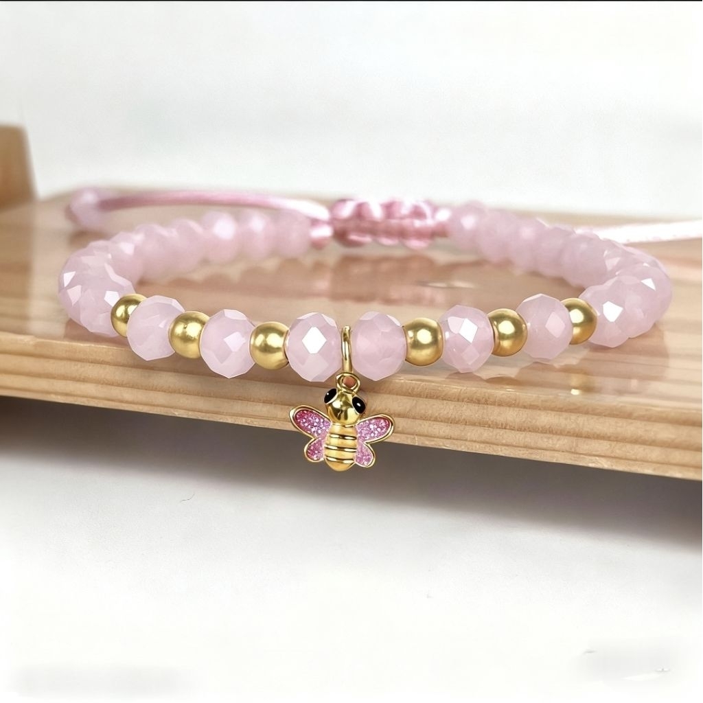 Gelang krystal cristal ceko dengan charm mainan bentuk bee lebah cat & 4 bolo Emas gold 24k 999