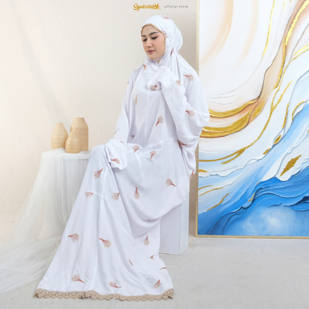 SYADZILAH - Mukena Terusan Dewasa Putih Bordir Elegant Katun Rayon