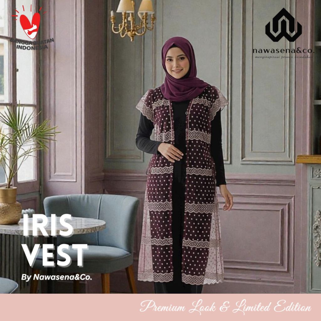 Iris Vest Brukat Outer Tile Premium Merah Maroon Rompi Panjang Kekinian Brokat Modern