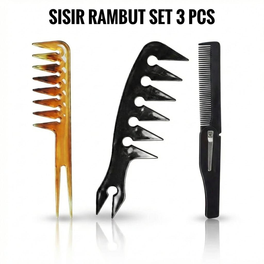 Sisir Rambut Pria Set 3 in 1 Sisir Pomade Lipat Saku Garpu Texture Styling Comb Premium