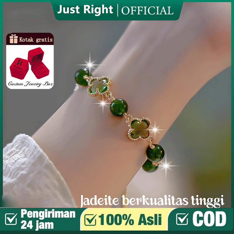 JUST RIGHT Gelang Batu Giok Asli Retro Gelang semanggi giok hijau emas, gelang batu akik dan giok He