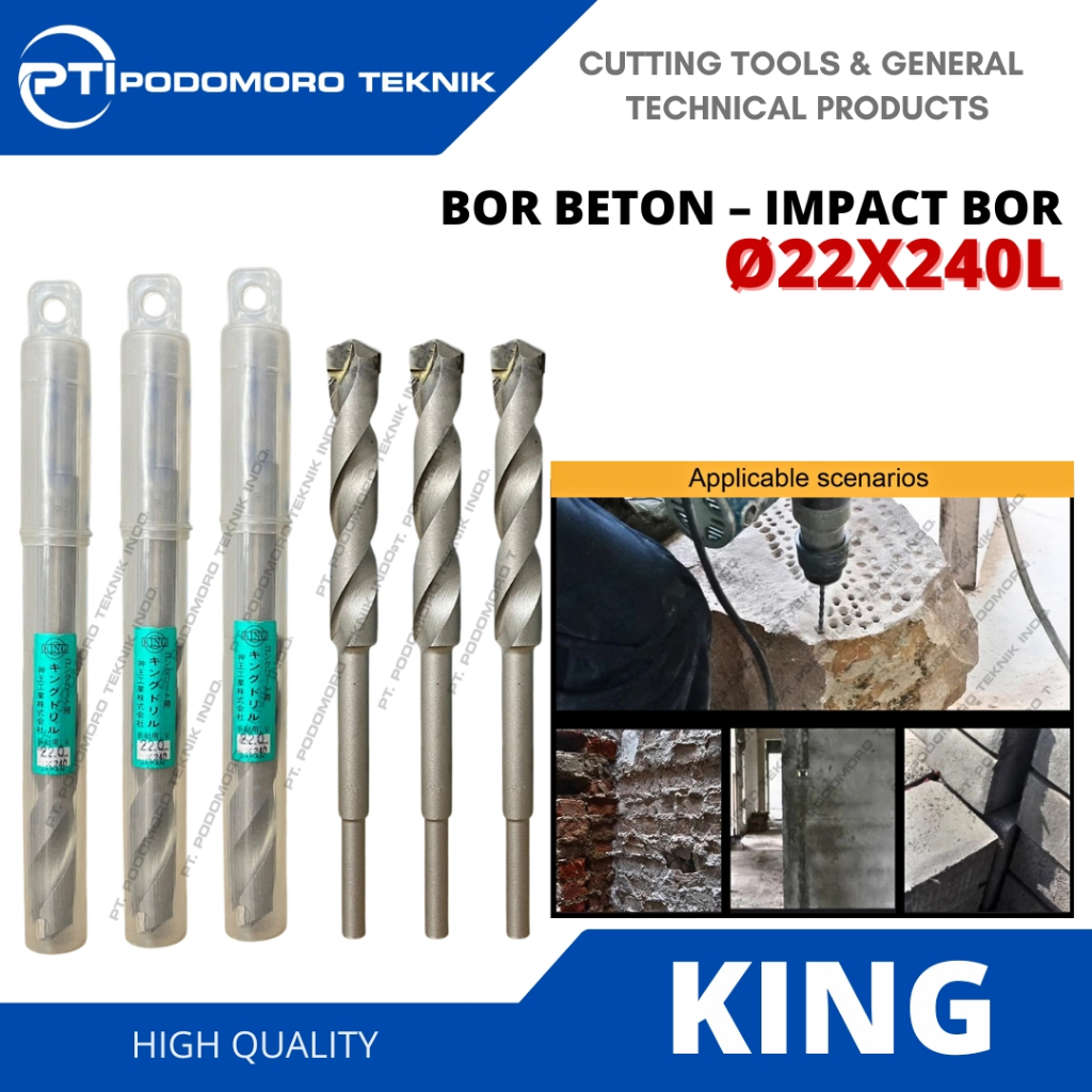 KING Concrete Mata Bor Beton 22mm 22.0 mm Drill Beton / Tembok 22x240 mm Panjang Made In Japan Origi