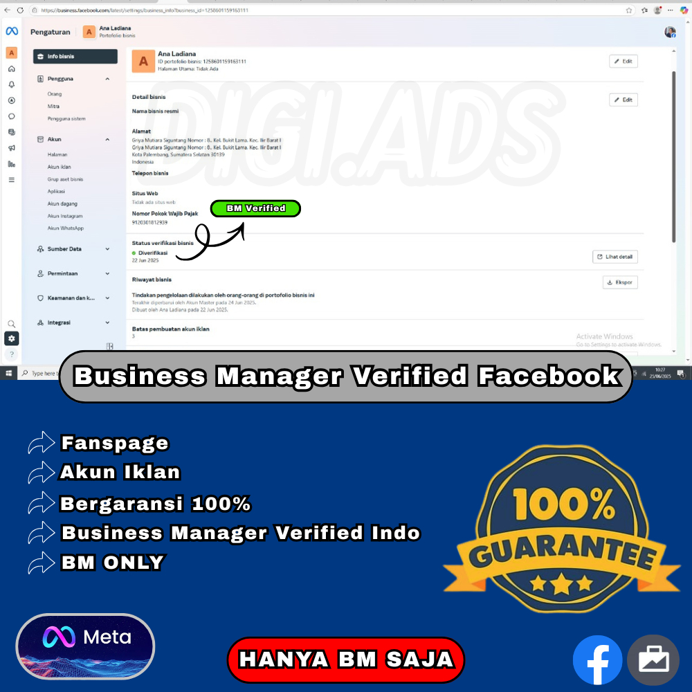 BUSINESS MANAGER VERIFIED FACEBOOK (BM ONLY)