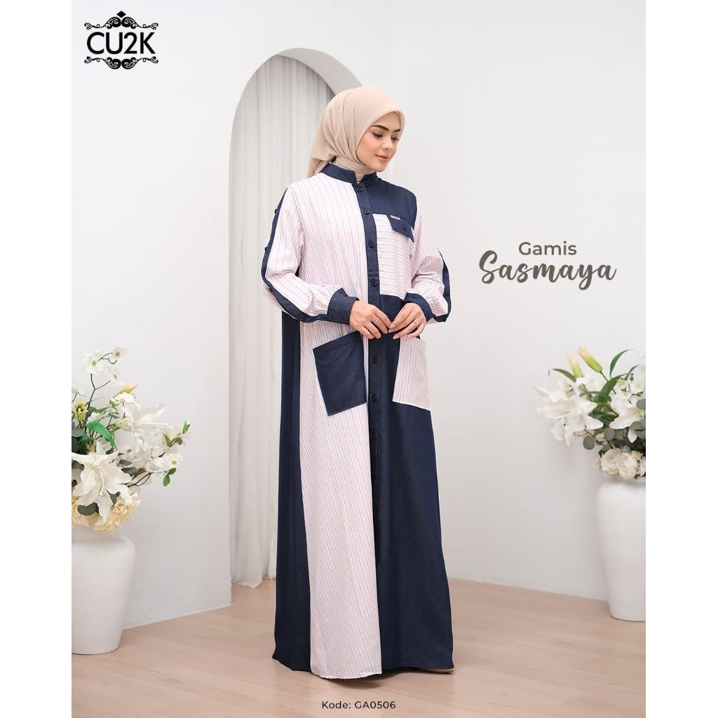 Gamis Sasmaya Gamis Busui Long Dress Gamis Kombinasi Jeans Katun Salur