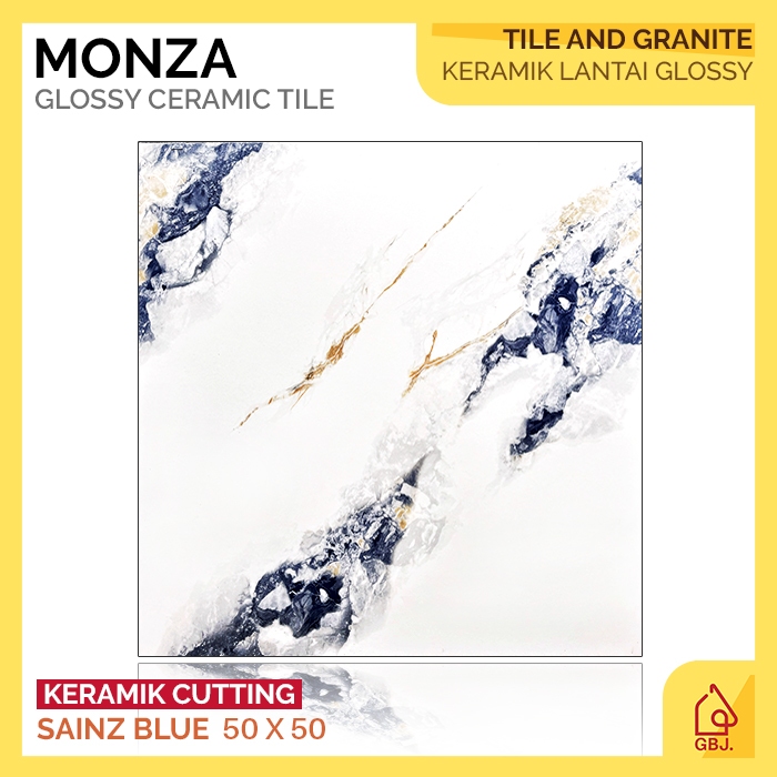 KERAMIK MONZA 50 X 50 SAINZ BLUE GLOSSY CUTTING / KERAMIK LANTAI MOTIF MARMER GLOSSY
