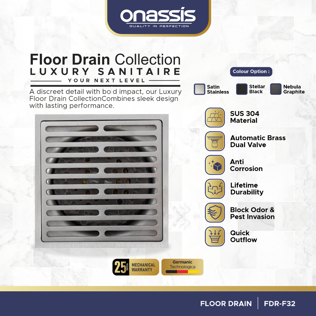 Onassis Floor Drain FDR-F32 SUS 304 - Saringan Kamar Mandi Anti Bau dan Anti Seranggga