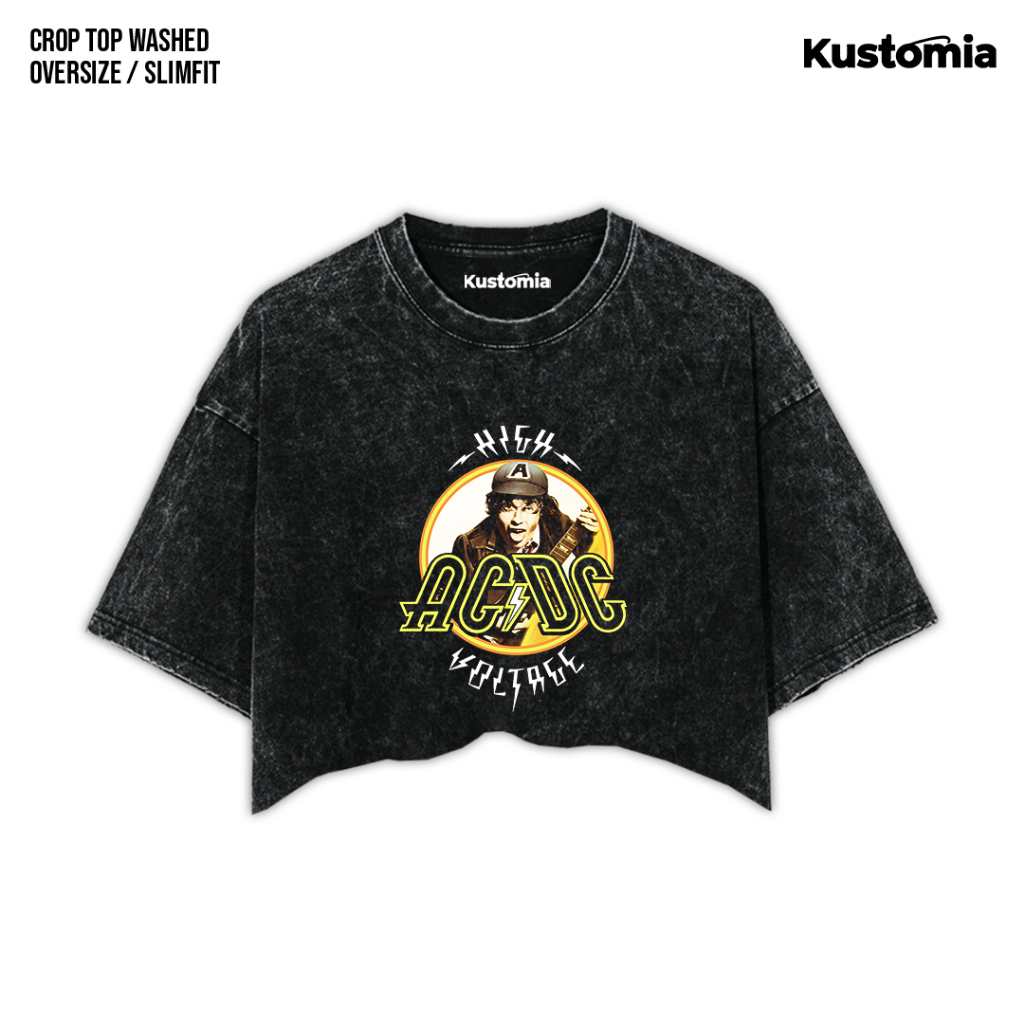 KUSTOMIA Crop Top ACDC Washed Crop Tee Black White | ACDC-8