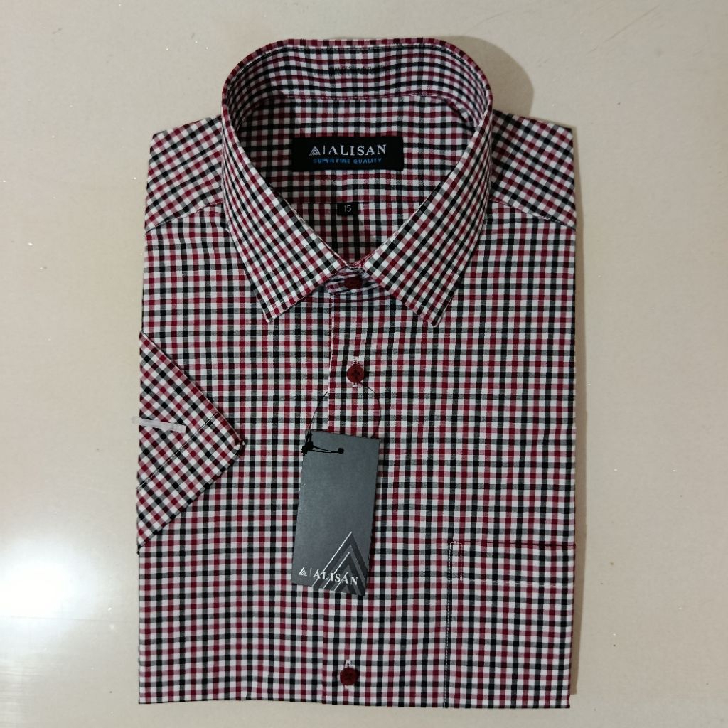 LENGAN PENDEK ALISAN Kemeja Pria Motif Kotak Kotak Merah Reguler