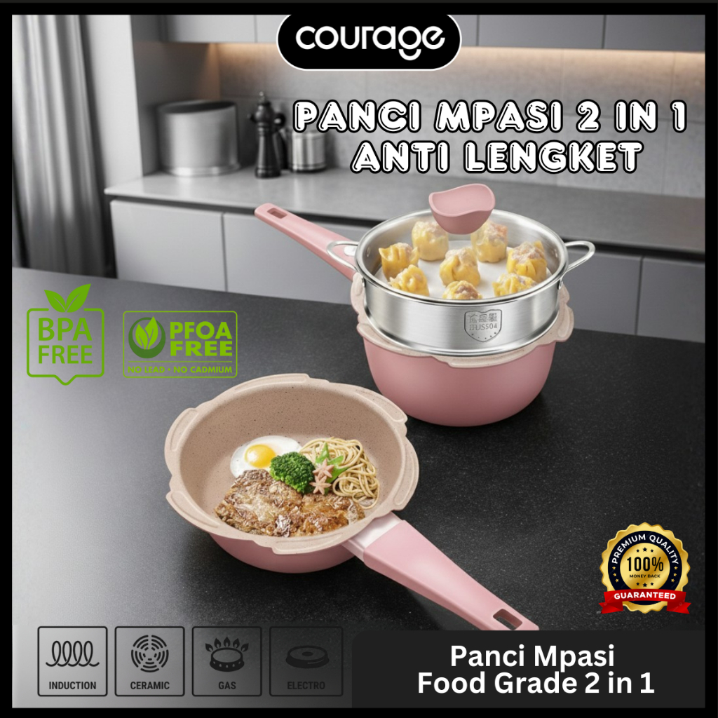 COURAGE Panci Susu dan Steamer - Set Panci Mpasi Bayi Peralatan Makan Bayi / Teflon Mpasi / Panci Su