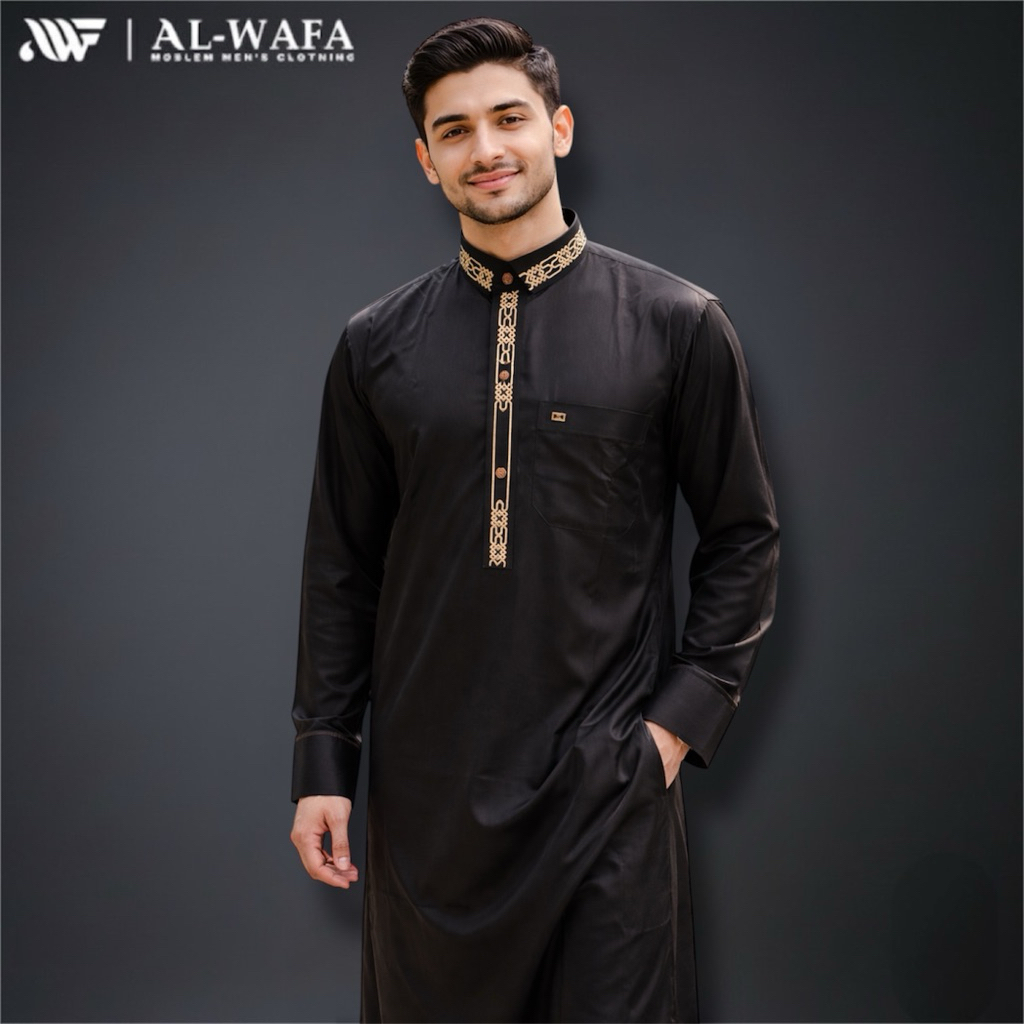 Al-Wafa Gamis Kerah Bordir Satin hitam