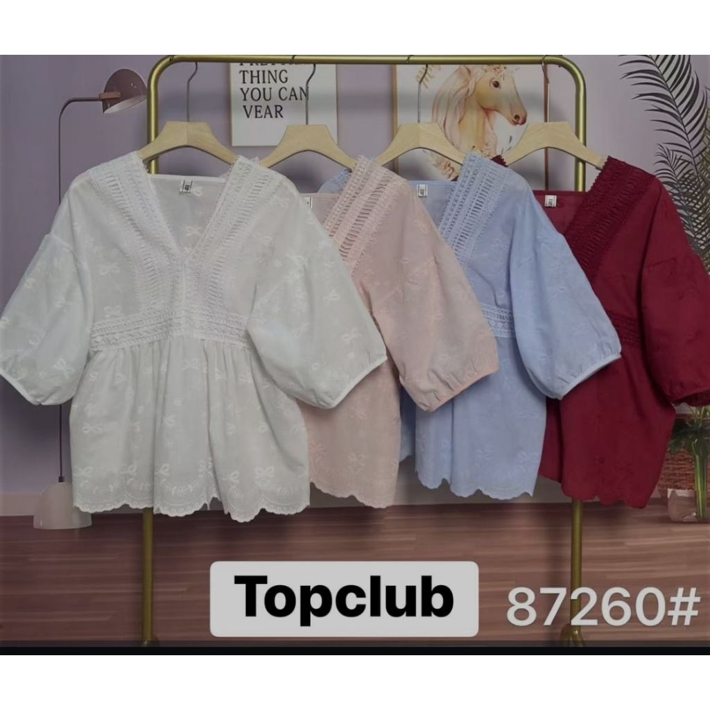 Atasan blouse vneck katun merah wanita brukat bordir top club bangkok bkk