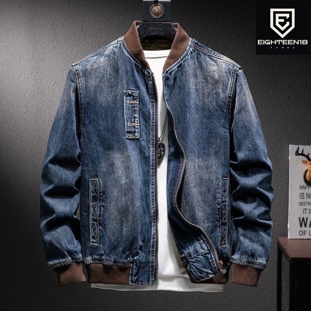 JAKET BOOMBER JEANS KERAH RIB KARET BIOWOS NAVY RESELETING POLOS UNISEX KASUAL FASHION COWOK