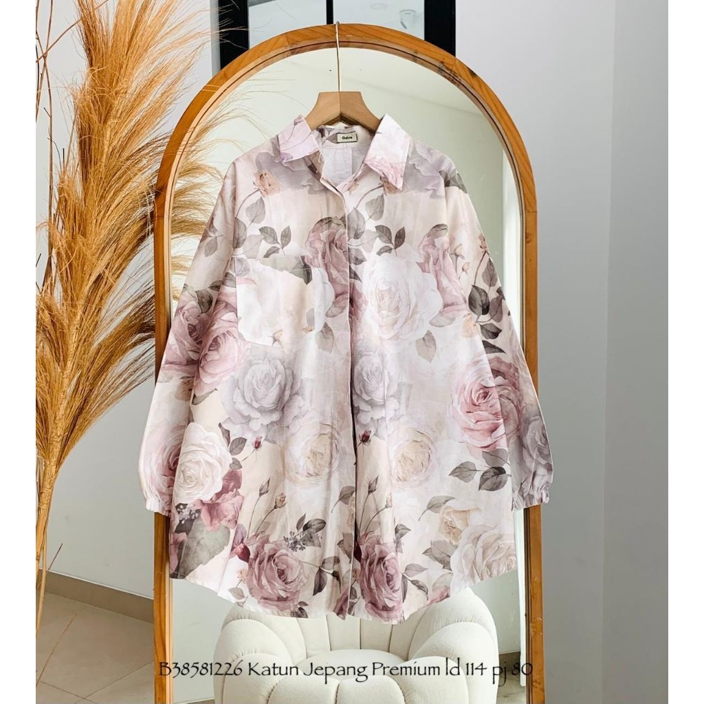 Elaina tunik kemeja wanita katun premium motif flowers bunga