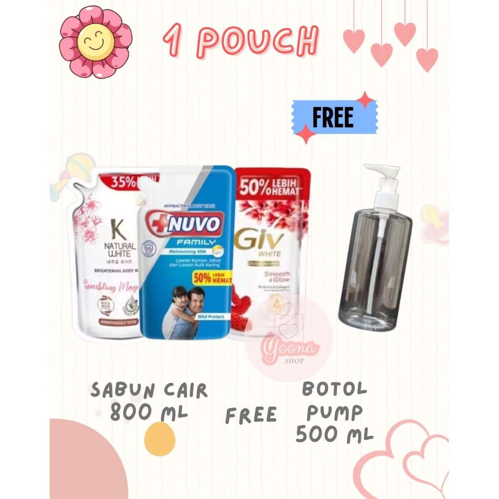 Sabun Cair Nuvo Family 800 ml / Giv 800 ml / K Natural 725 ml  FREE  botol pump 500 ml