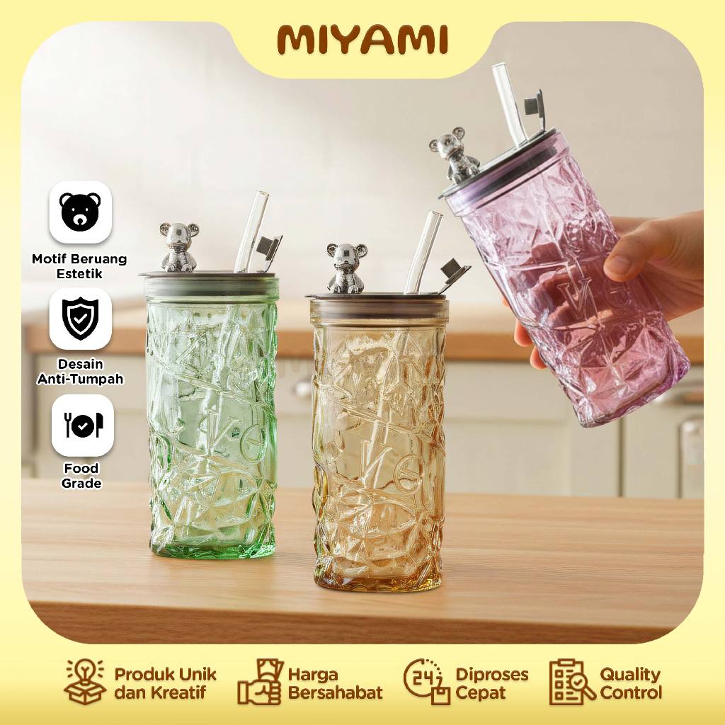 GELAS KACA BERUANG 420 ML Botol Air Minum Tumbler Motif Kristal Anti Tumpah Estetik Food Grade - MI