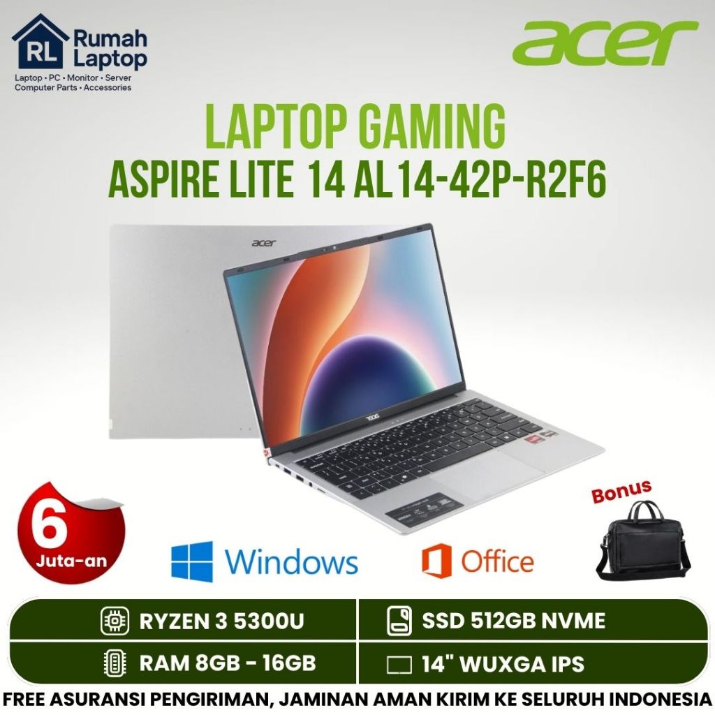 Flash r Aspire Lite 14 R2F6 Ryzen 3 5300U Ram 8GB Ssd 512GB 14" IPS Laptop Pelajar Kerja