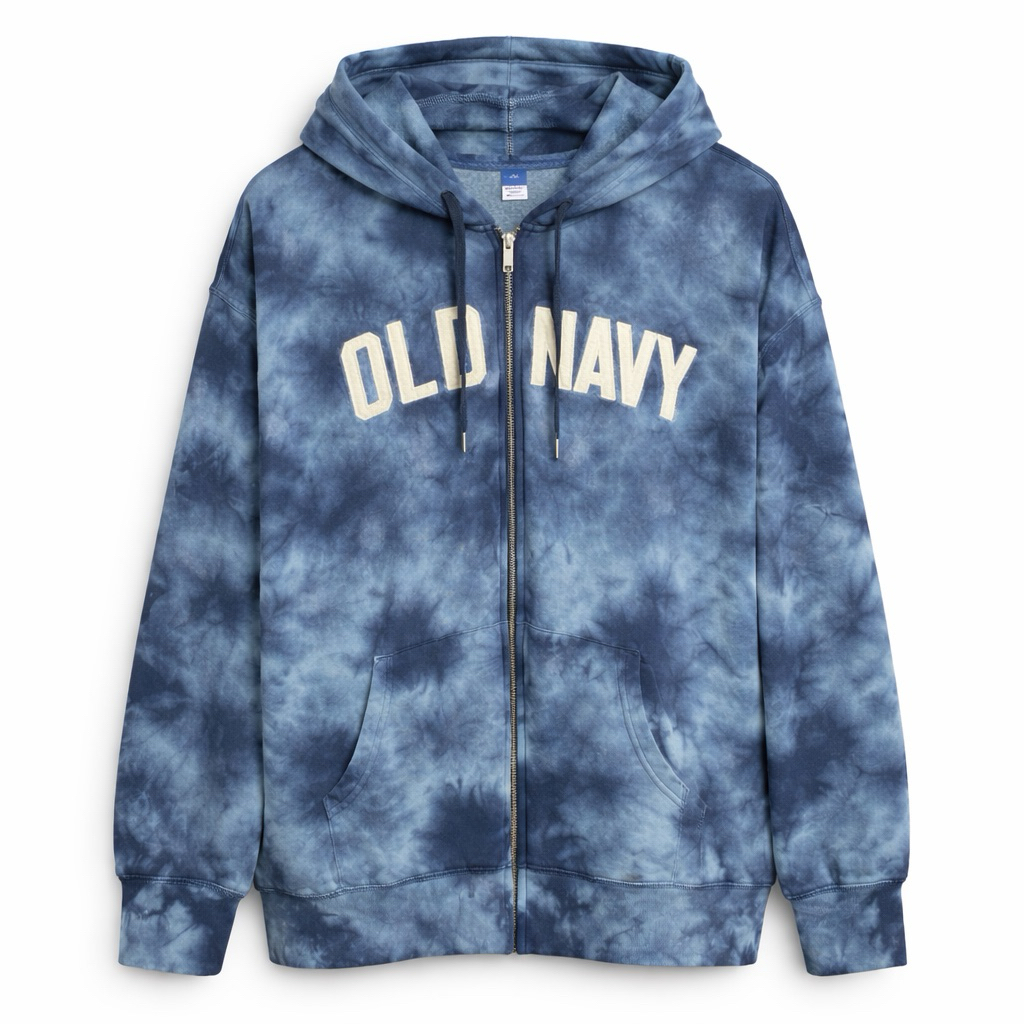 Old Navy Jaket Hoodie Pria Full ziper dengan Desain Tie dye Biru Tua dan logo Old navy