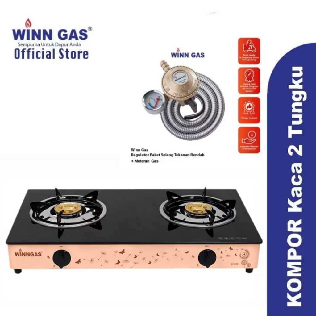 Winn Gas , W 388 , Win Gas , Kompor Gas Kaca , 2 Tungku + Selang