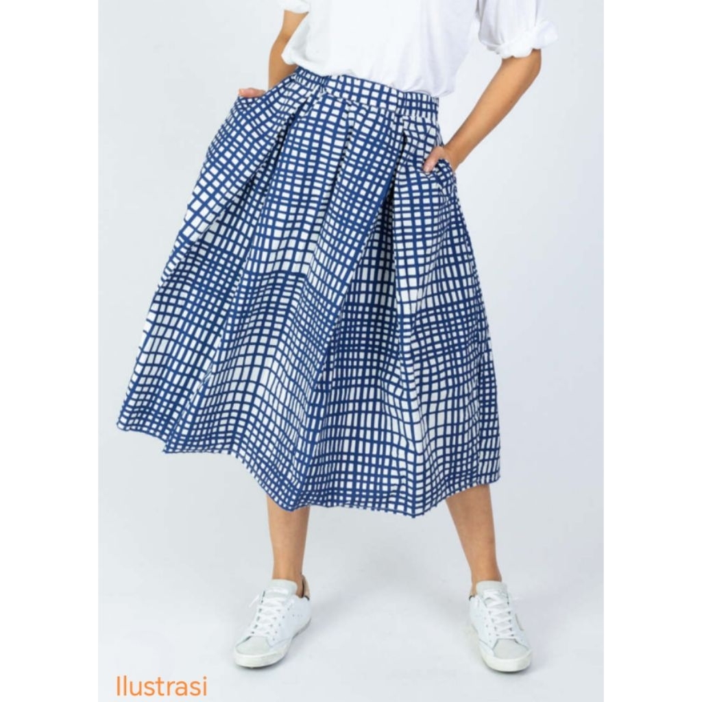 Rok Megar Midi Motif Putih Biru Branded Premi