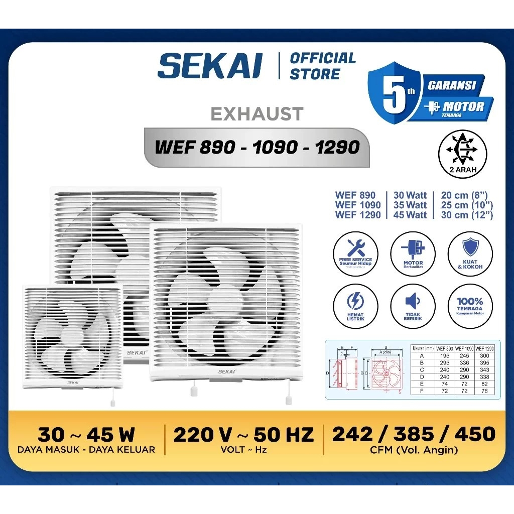 SEKAI WEF 890 EXHAUST FAN 8" KIPAS ANGIN DINDING WALL HEXOS WEF890