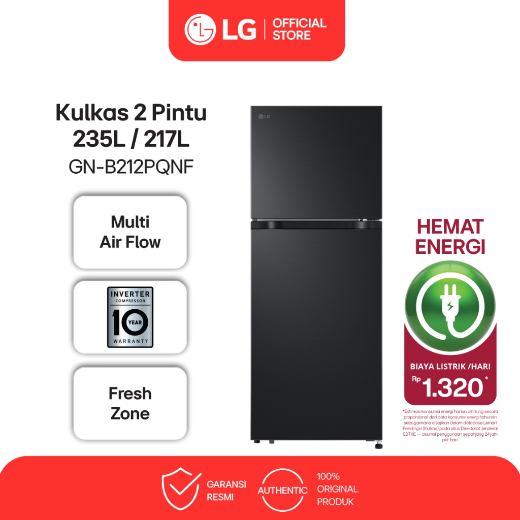 LG Kulkas 2 Pintu 235L / 217L - Multi Air Flow - Fresh O Zone - Inverter Essence Matte Black - Model
