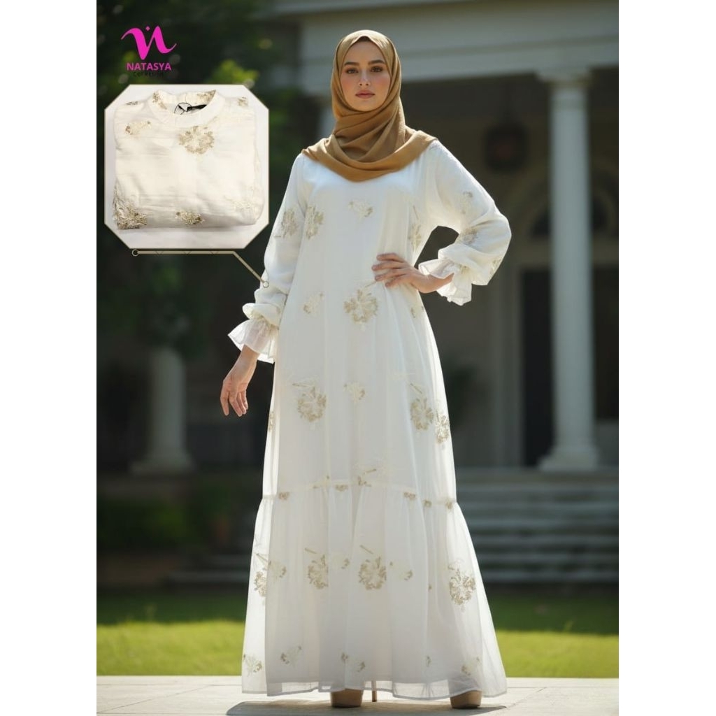 gamis brukat putih tile renda wanita