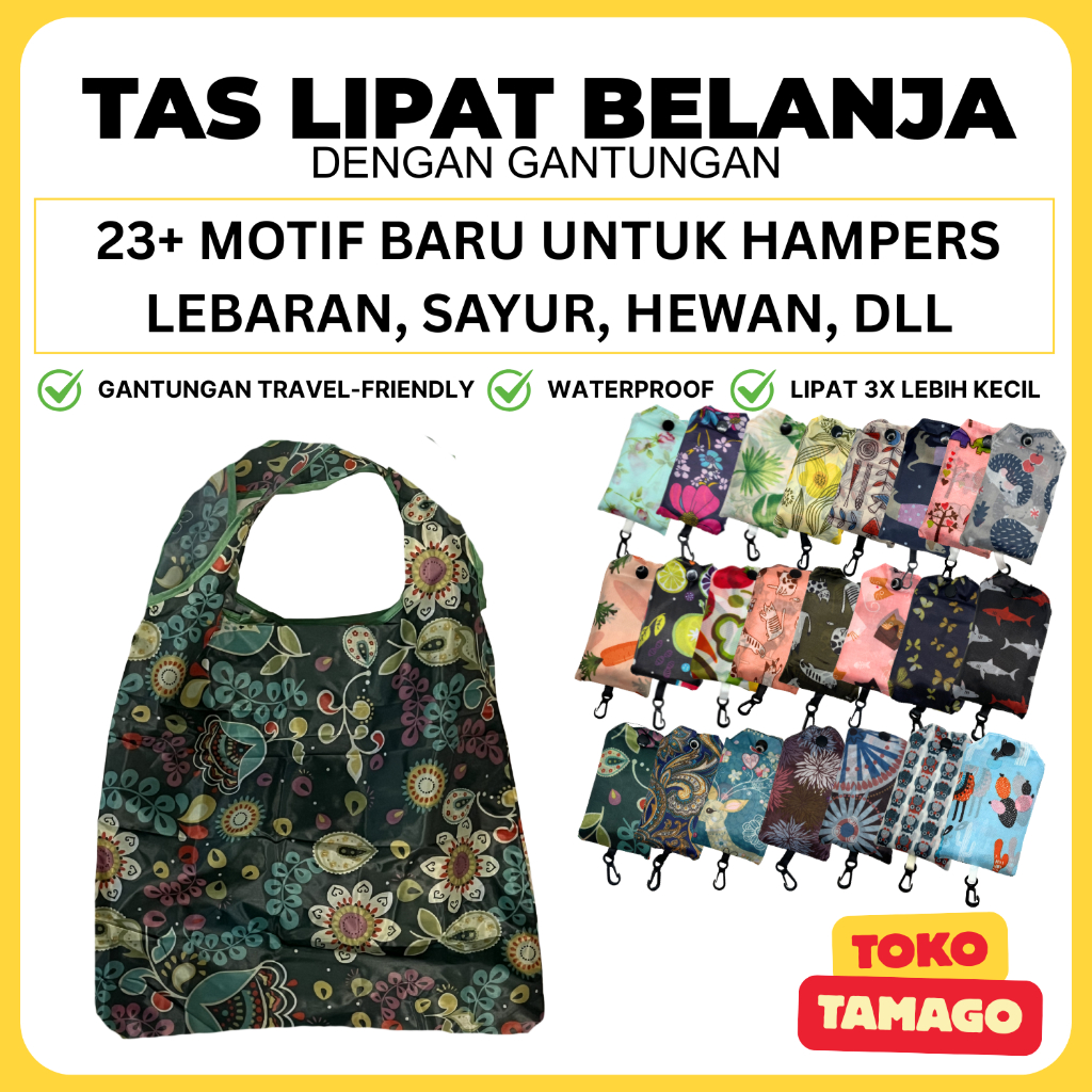 Tas Belanja Lipat Tote Bag Gantung | Reusable, Shopping Bag Waterproof, Parasut, Motif Lucu