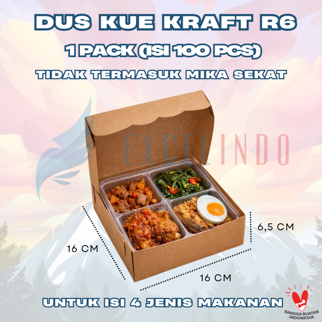 (1 Pack Isi 100 pcs) EXCELINDO Kotak Dus Kue / Dus Makanan R6 Kraft (16 cm x 16 cm x 6,5 cm)