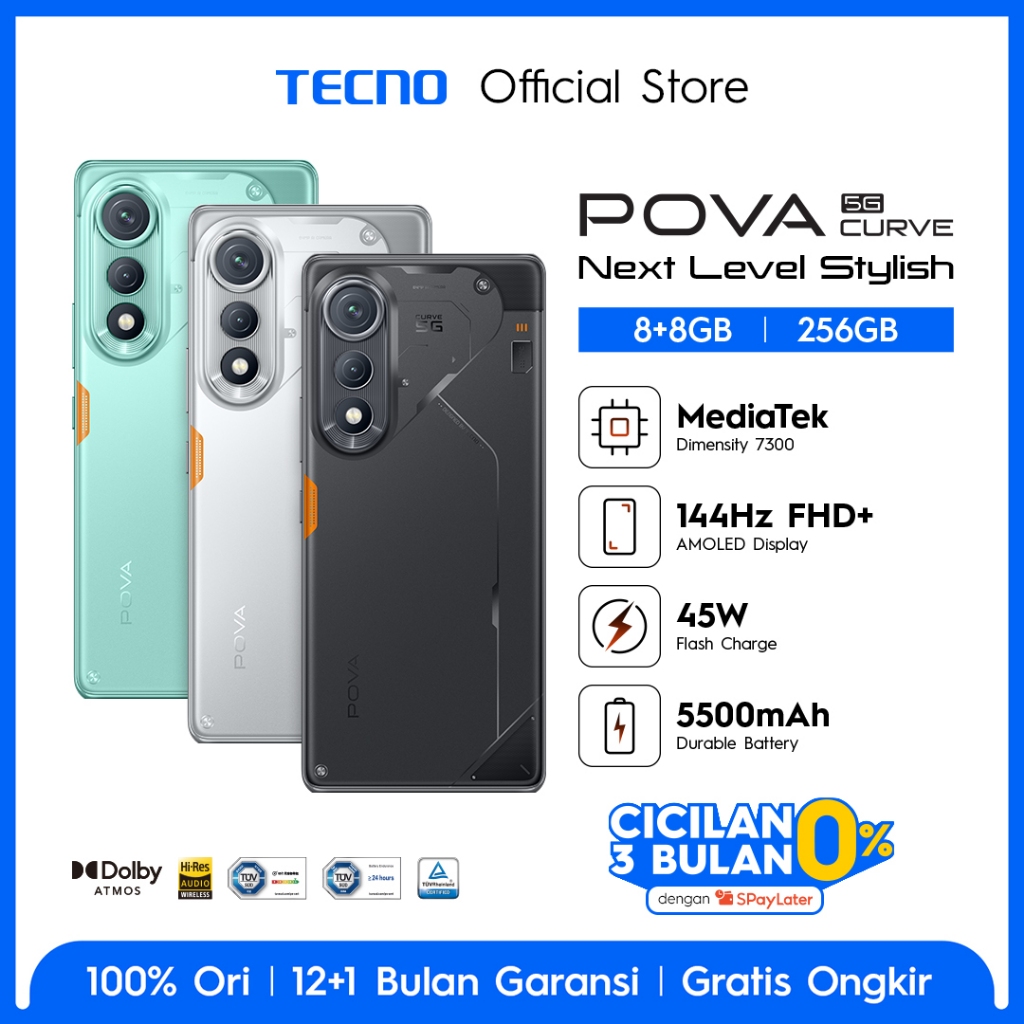 TECNO POVA Curve 5G 8+8GB*/256GB, 5500mmAh + Bypass Charging 2.0 , Mediatek D7300 Ultimate 5G, 6,78"