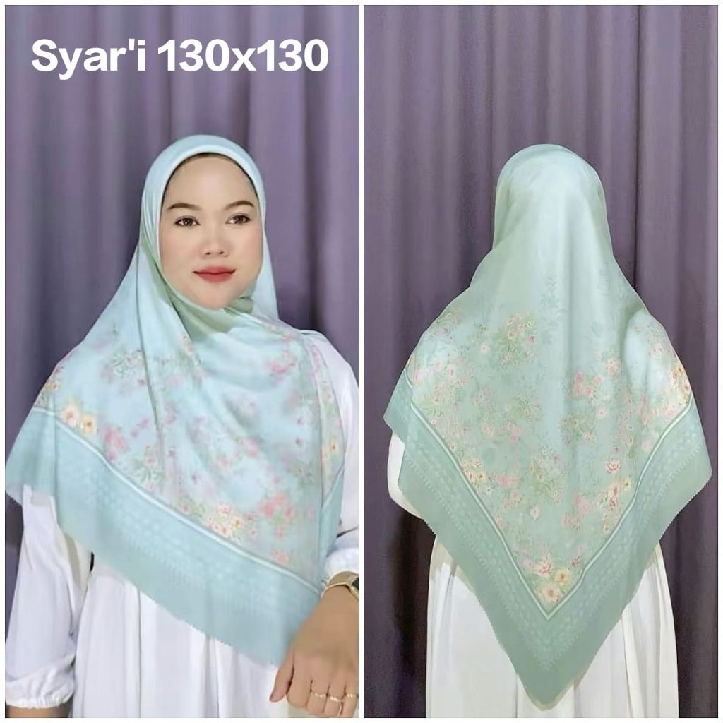KERUDUNG SEGI EMPAT SYAR'I JUMBO VOAL MOTIF BUNGA NAYRA HIJAU WARDAH