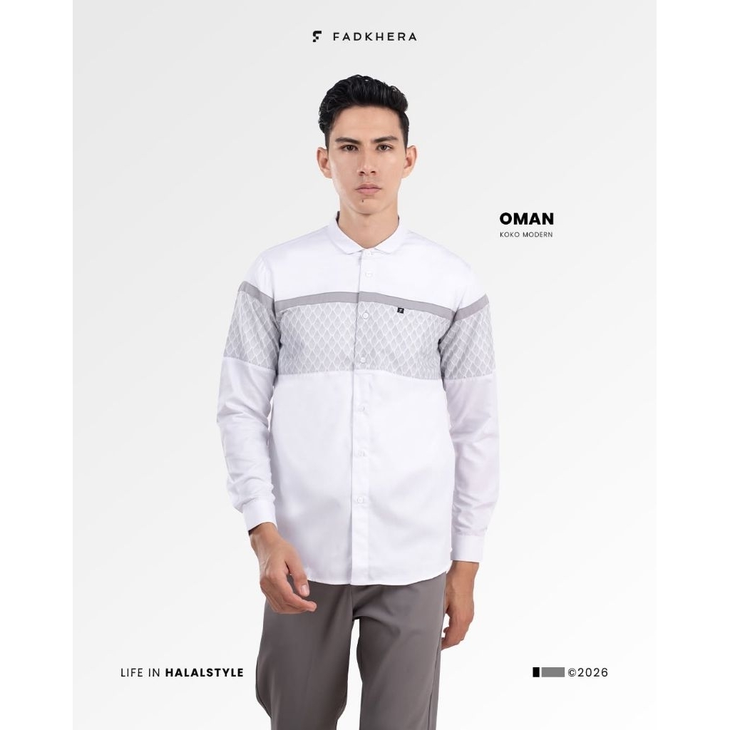 Fadkhera OMAN Koko Modern Kemeja Pria Putih Motif Elegan