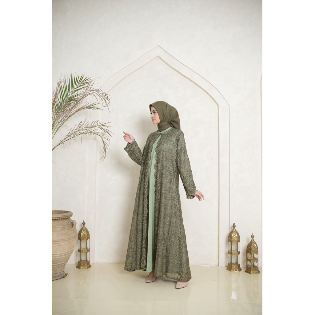 Bellamira Full Lace Embroidery Army - Wanita Muslimah Brokat Mewah Long Cardigan Dress Kondangan Ele