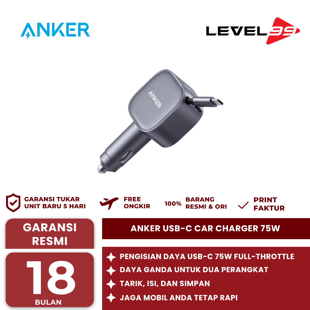 Anker USB-C Car Charger 75W Max Ultra-Compact Type-C Fast Car Charger with Built-in Retractable Cabl