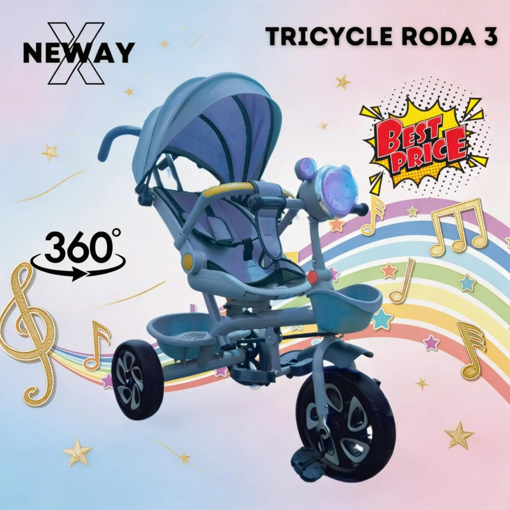 NewayX Sepeda Anak 5in1 Roda 3 Tricycle Bayi Roda Tiga Stroller Dorong Tidur Duduk Musik Lampu