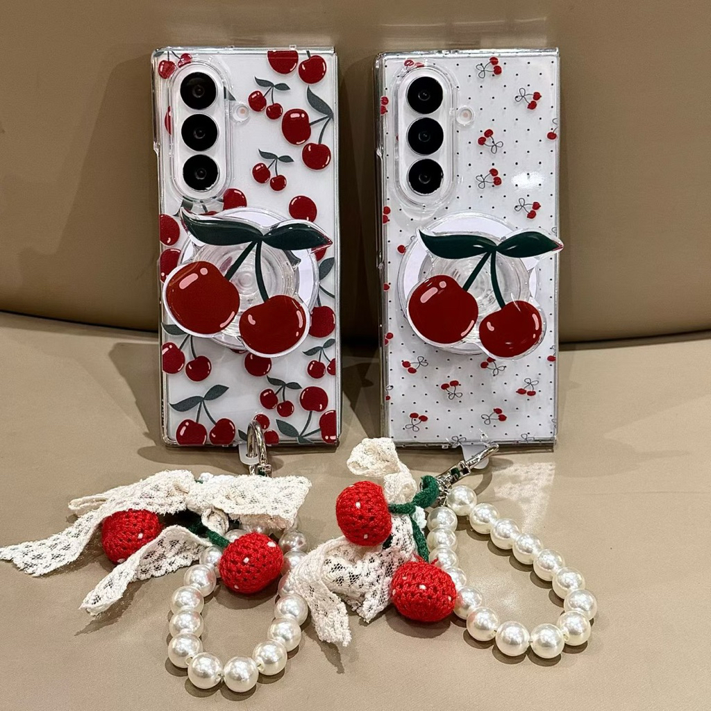 New Case Zflip Zfold Magsafe TPU Cherry Popsocket Magnetic With Chain Strap Gantungan Hp Casing Kere